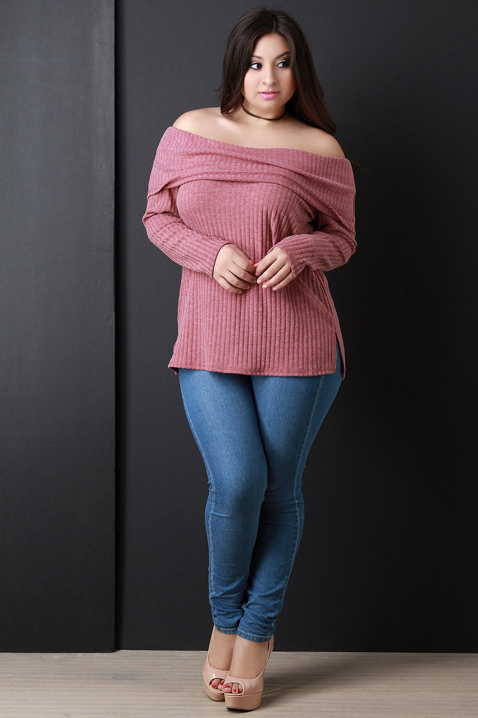 Rib Knit Wide Fold Off-The-Shoulder Top