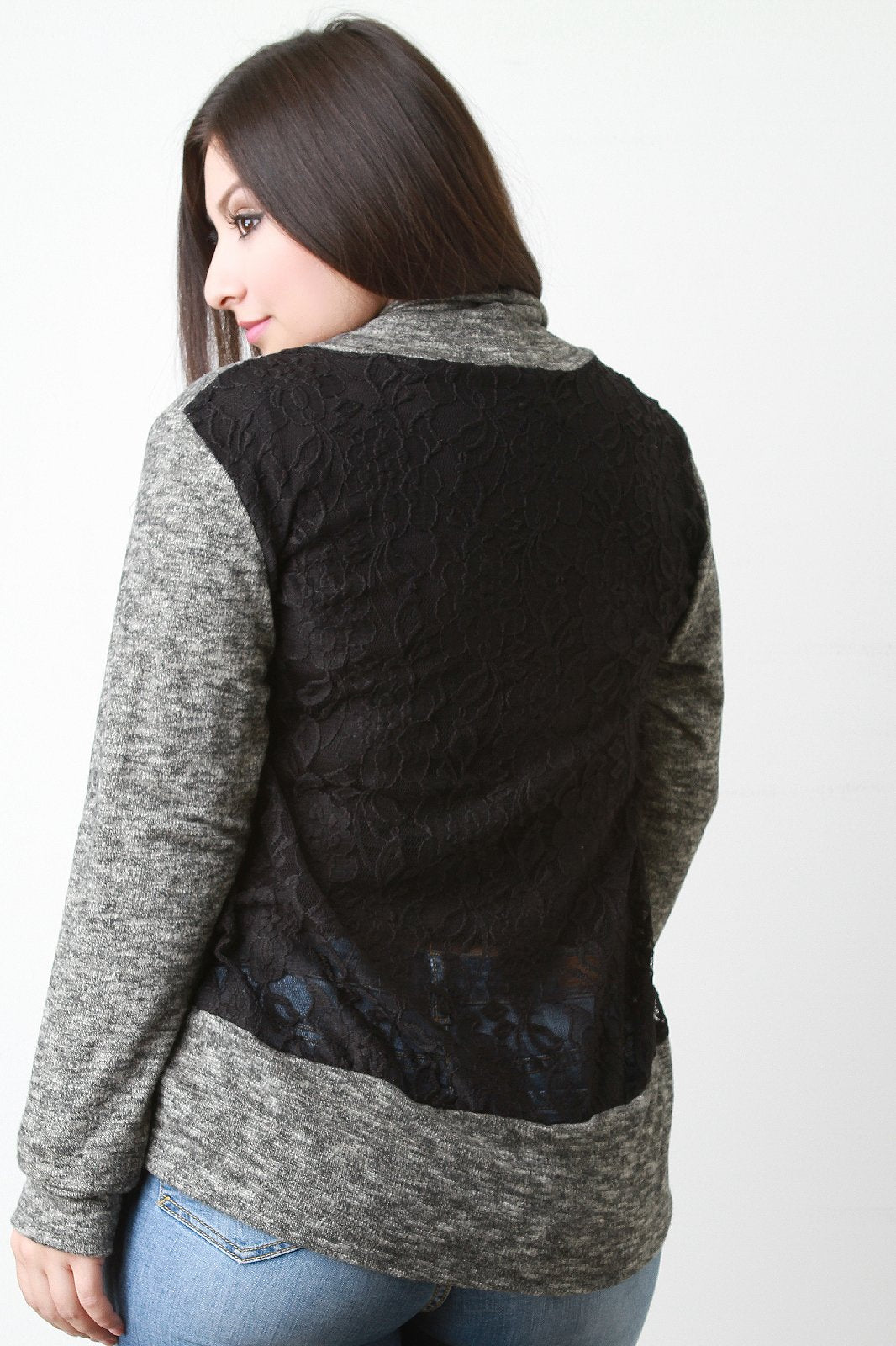 Lace Back Melange Knit Cardigan