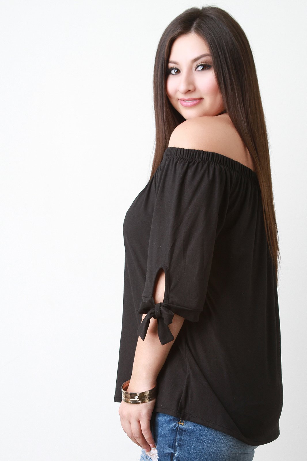 Elastic Off-The-Shoulder Self-Tie Sleeves Top