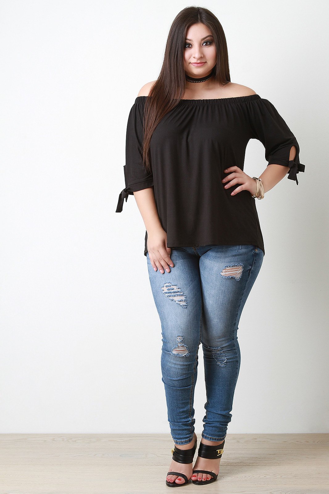 Elastic Off-The-Shoulder Self-Tie Sleeves Top