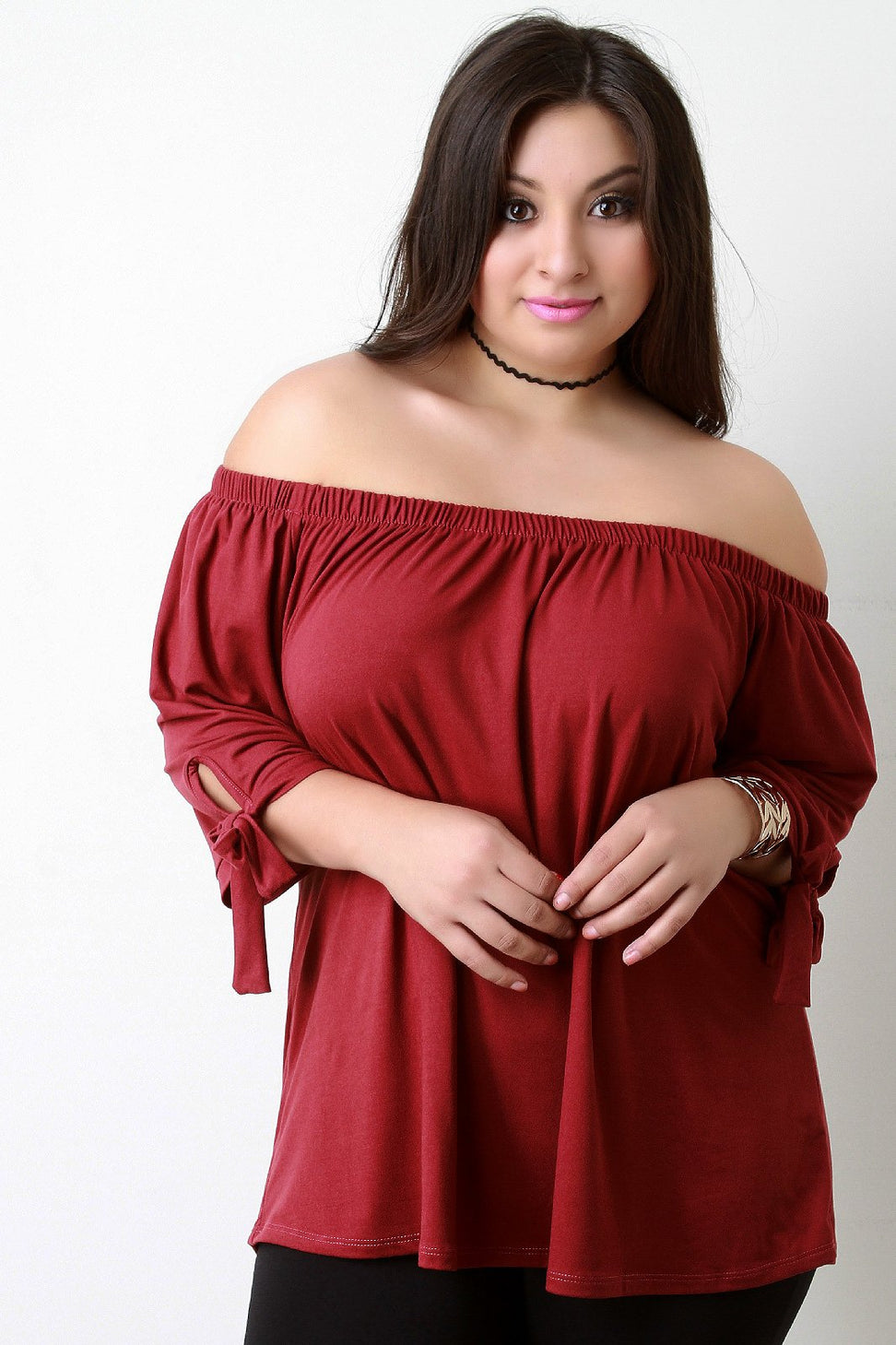 Elastic Off-The-Shoulder Self-Tie Sleeves Top