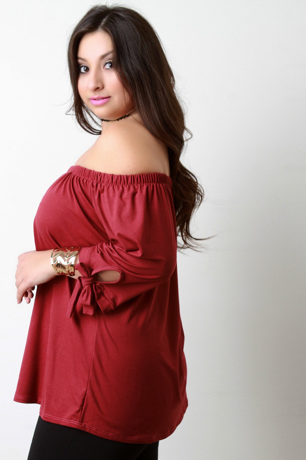 Elastic Off-The-Shoulder Self-Tie Sleeves Top