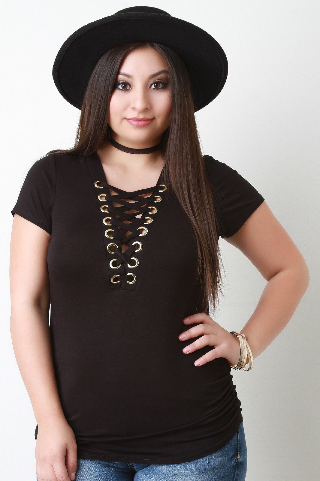 Grommet Trim V-Neck Corset Ruched Side Top