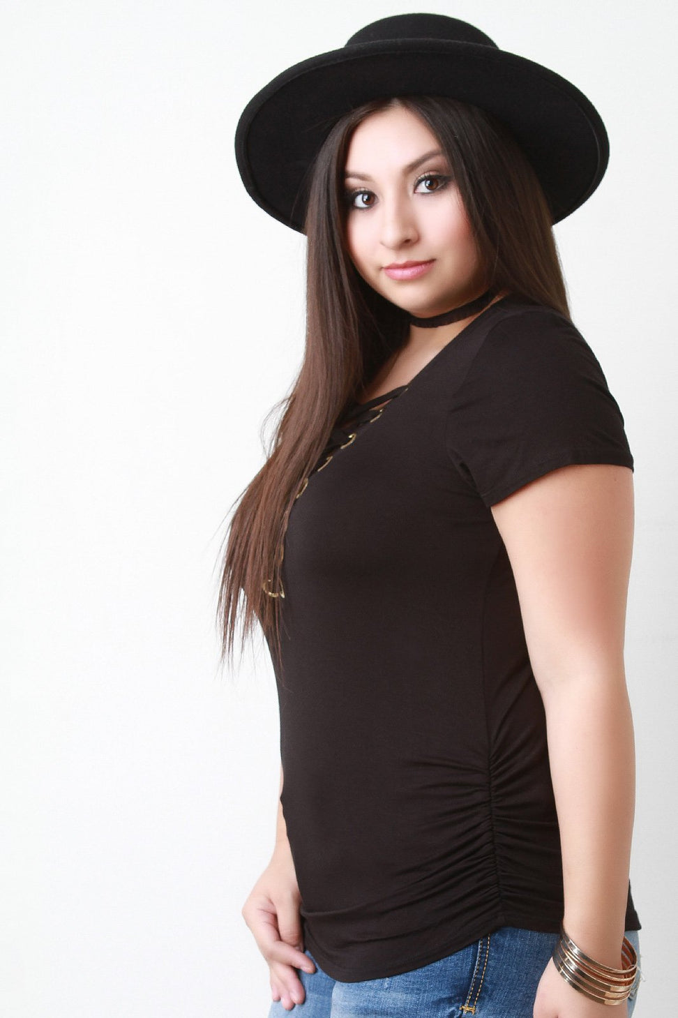 Grommet Trim V-Neck Corset Ruched Side Top