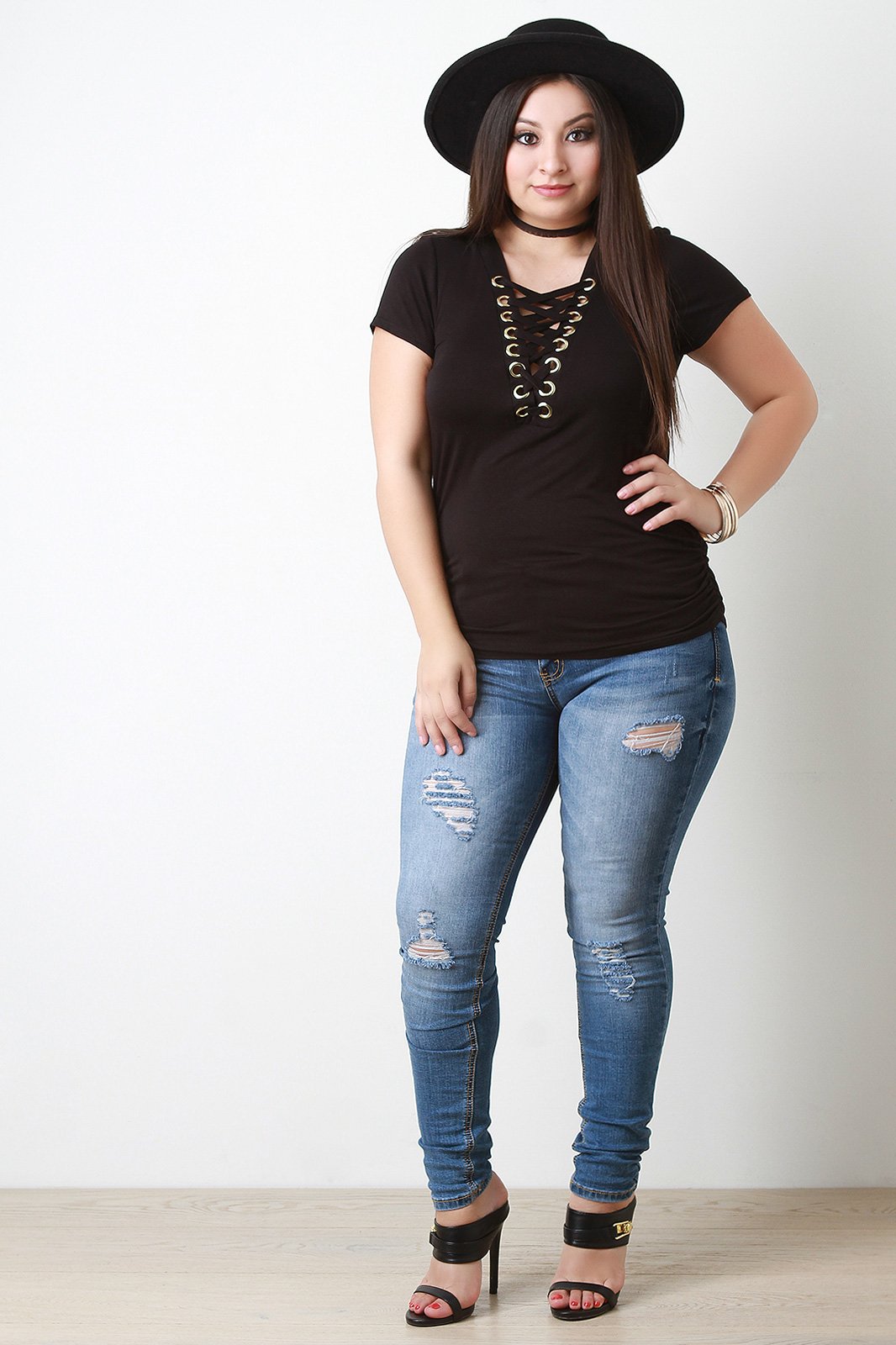 Grommet Trim V-Neck Corset Ruched Side Top