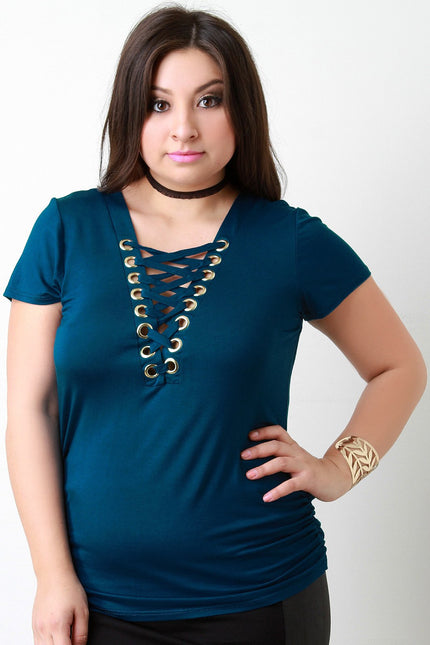 Grommet Trim V-Neck Corset Ruched Side Top