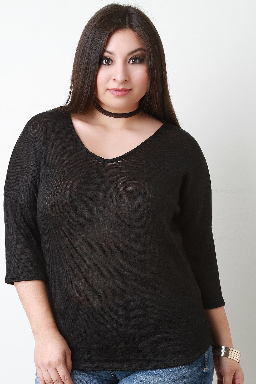 Loose Knit V-Neck Quarter Sleeves Top - NoveltyOne