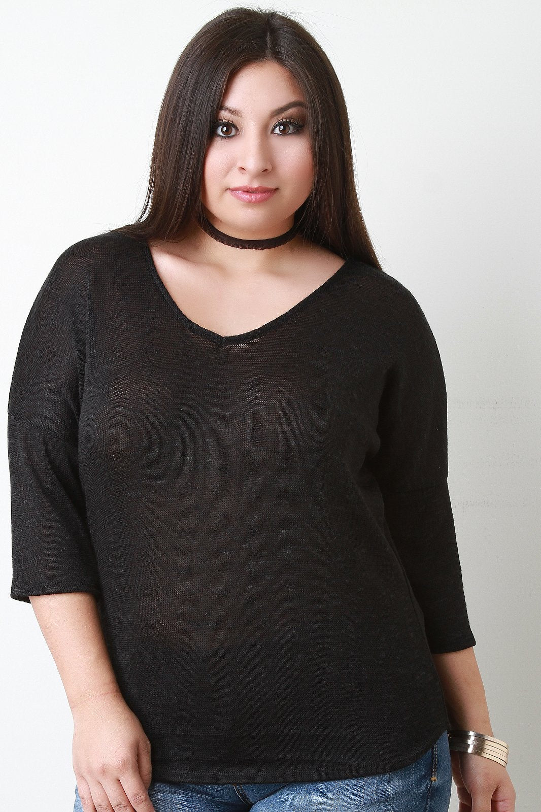 Loose Knit V-Neck Quarter Sleeves Top - NoveltyOne