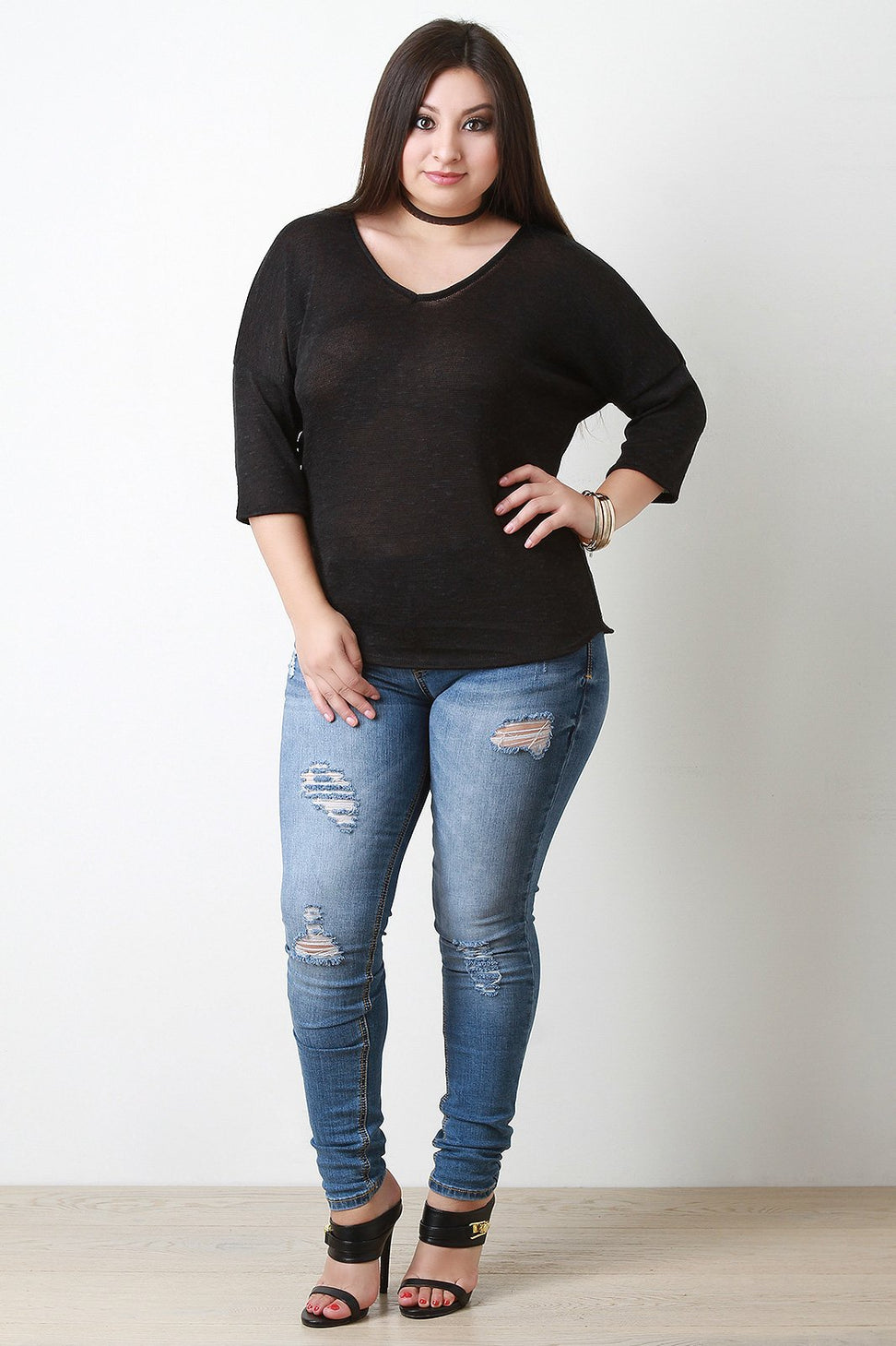 Loose Knit V-Neck Quarter Sleeves Top - NoveltyOne