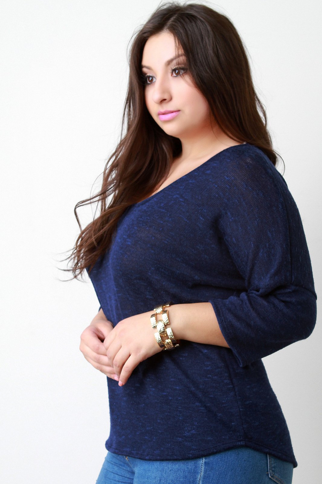 Loose Knit V-Neck Quarter Sleeves Top - NoveltyOne