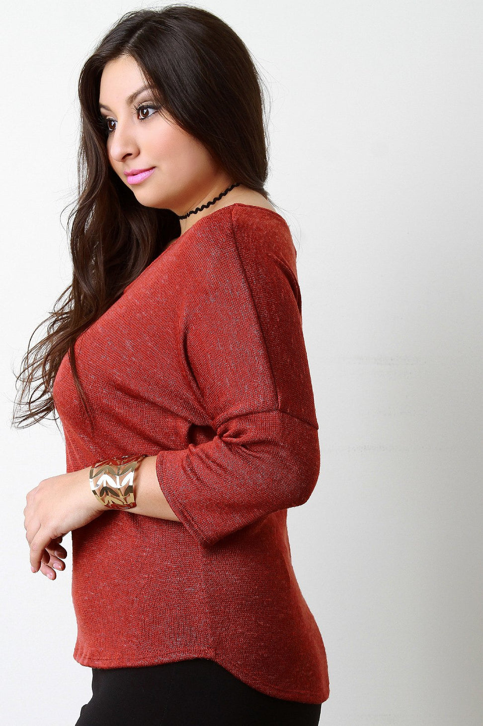 Loose Knit V-Neck Quarter Sleeves Top - NoveltyOne
