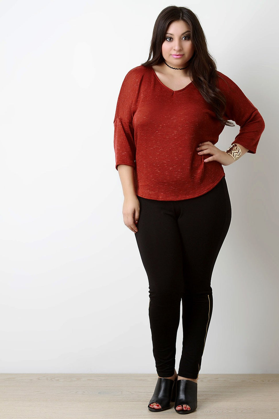 Loose Knit V-Neck Quarter Sleeves Top - NoveltyOne