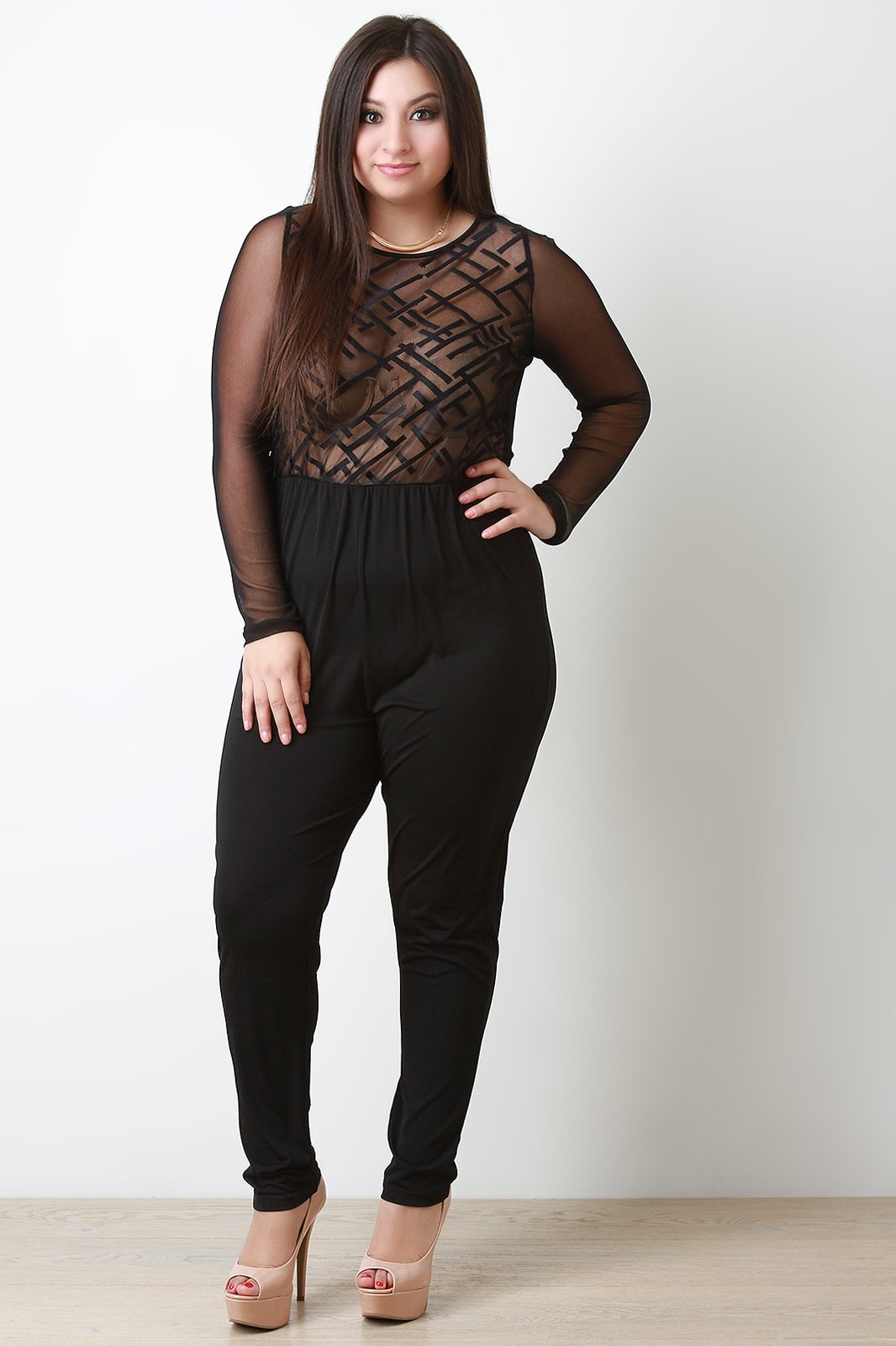 Geo Pattern Mesh Long Sleeves Jumpsuit - NoveltyOne