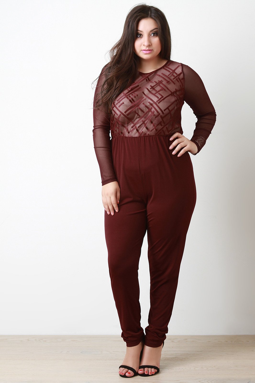 Geo Pattern Mesh Long Sleeves Jumpsuit - NoveltyOne