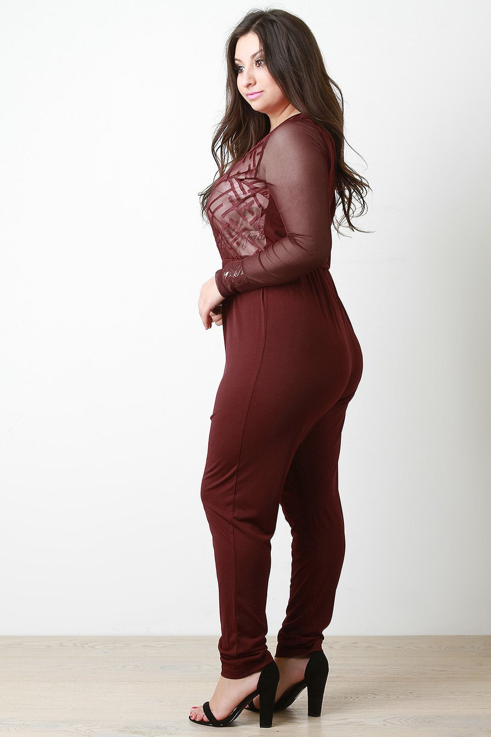 Geo Pattern Mesh Long Sleeves Jumpsuit - NoveltyOne