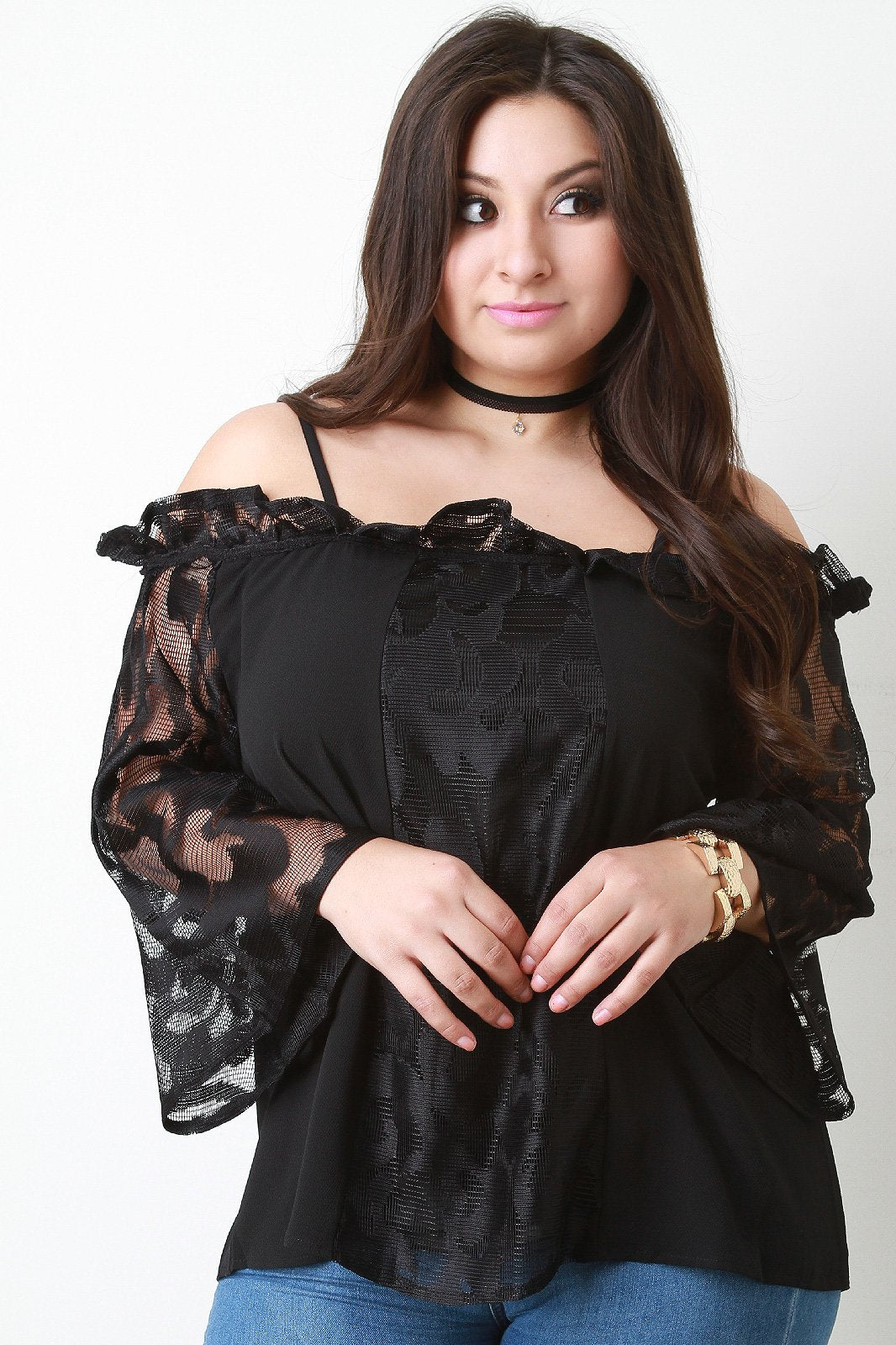 Lace Contrast Ruffle Neck Bell-Sleeves Cold Shoulder Top