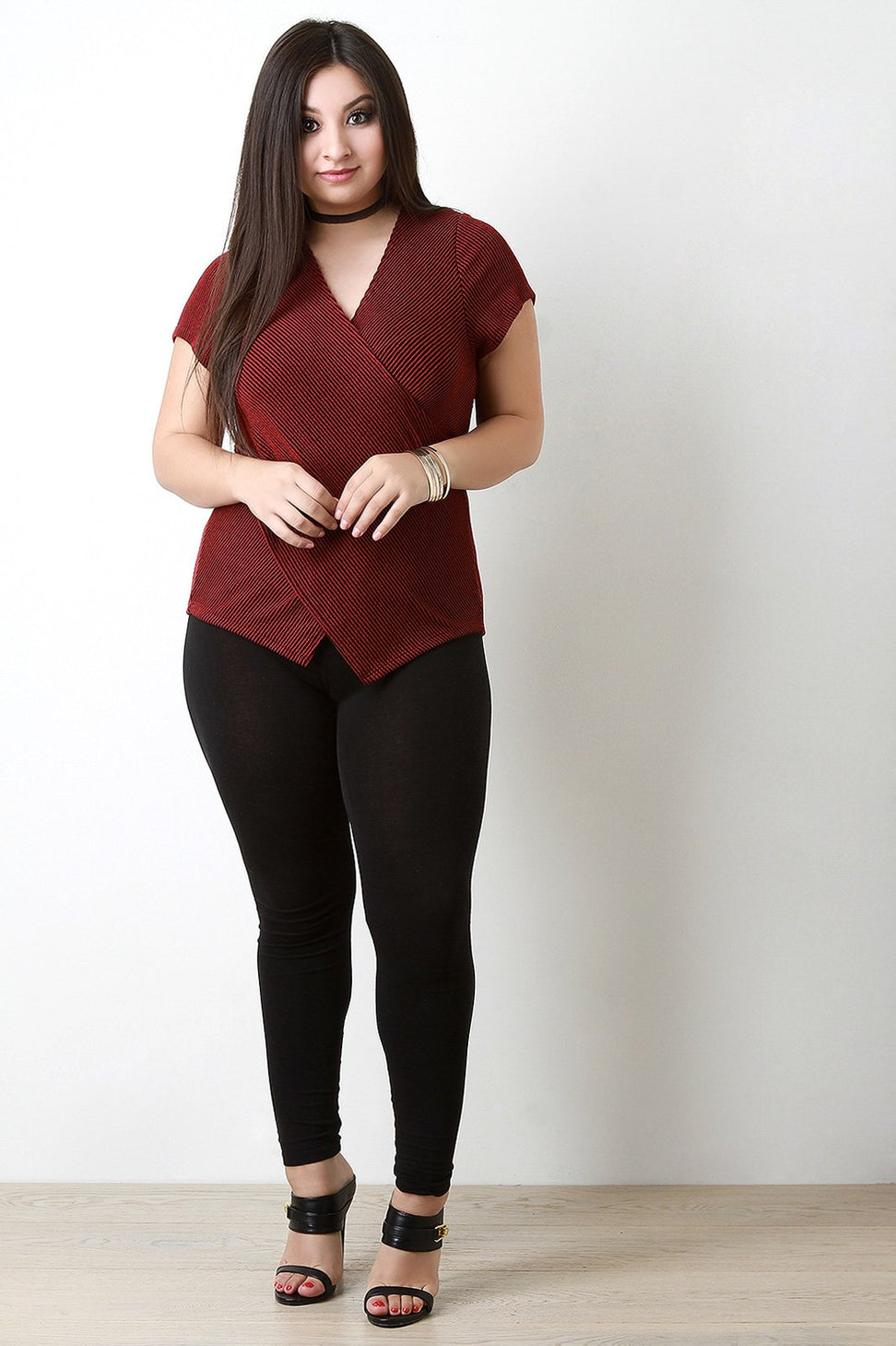 Contrast Rib Knit Crisscross V-Neck Top