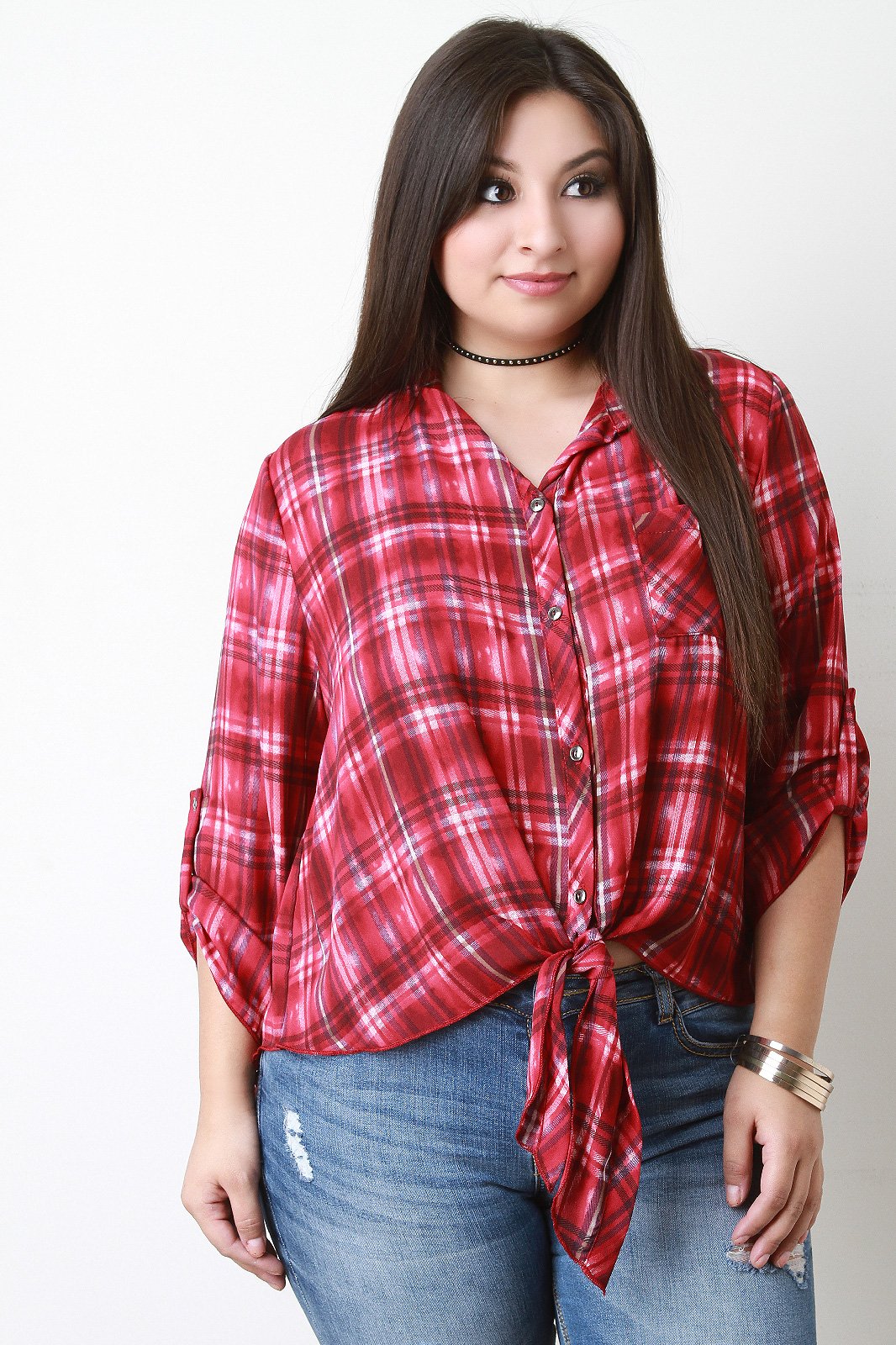 Plaid Self-Tie Button-Up Top