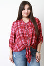 Plaid Self-Tie Button-Up Top