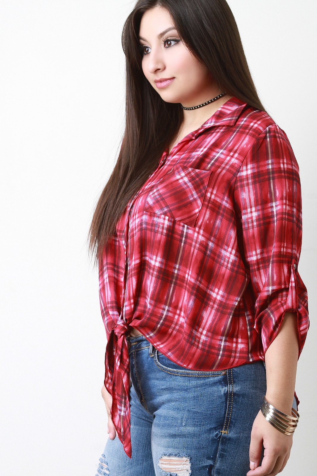 Plaid Self-Tie Button-Up Top