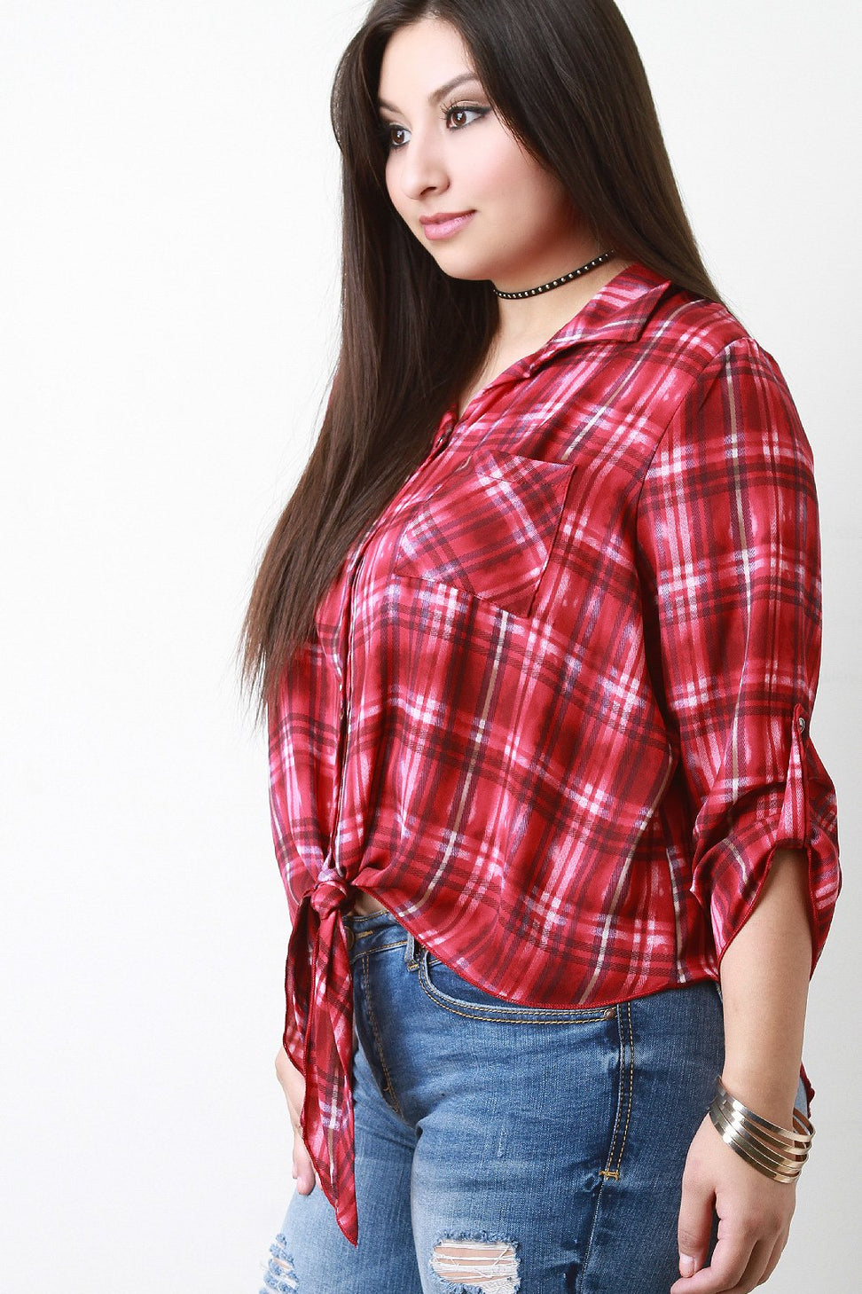 Plaid Self-Tie Button-Up Top
