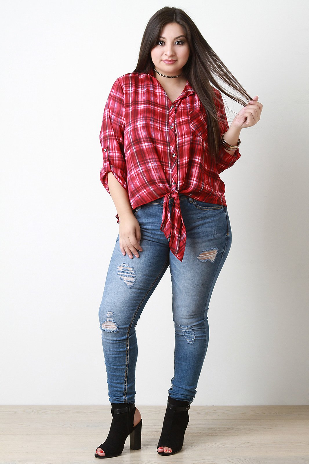 Plaid Self-Tie Button-Up Top