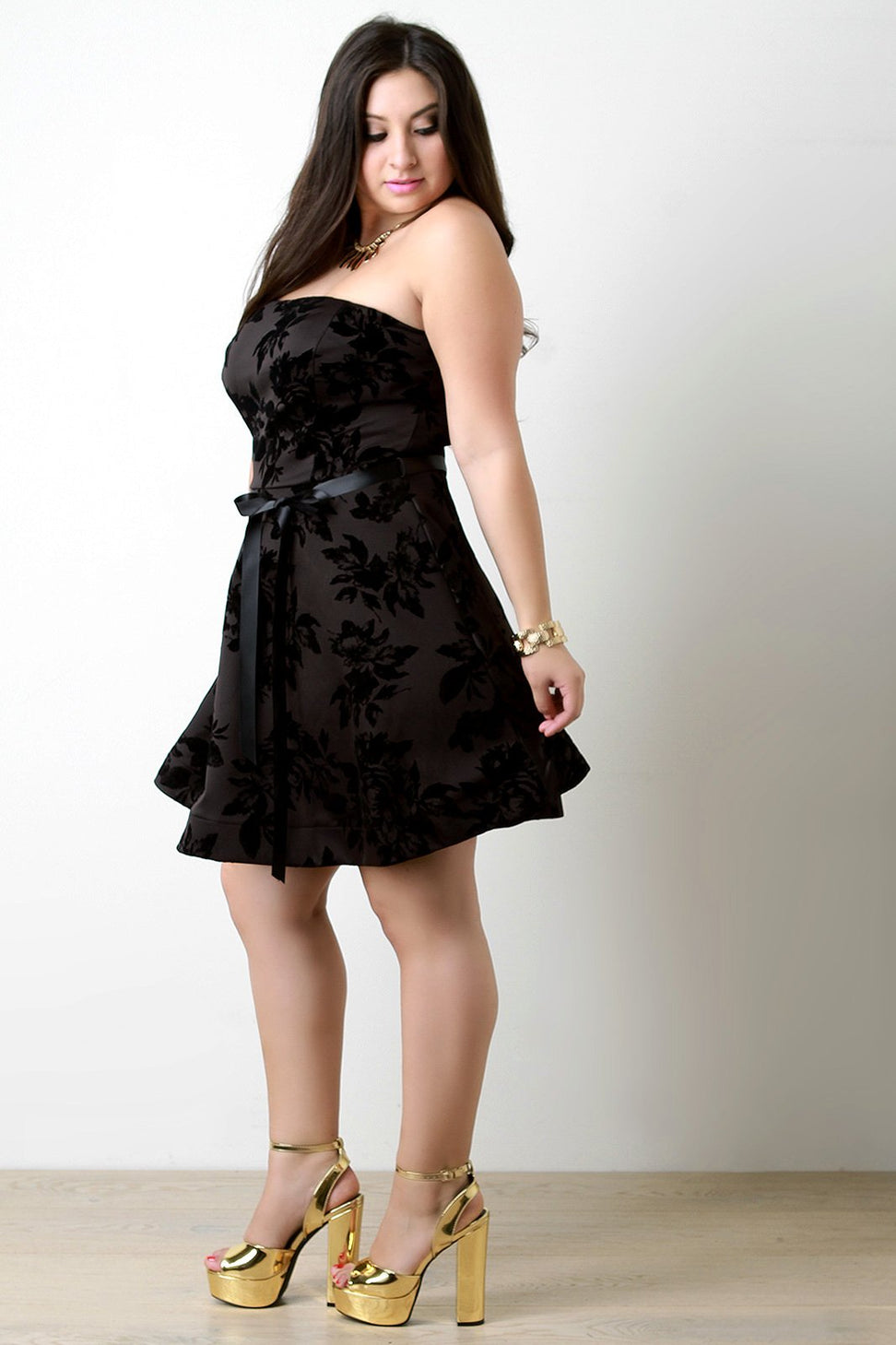 Flocked Floral Velvel Self-Tie Ribbon Tube Skater Dress - NoveltyOne