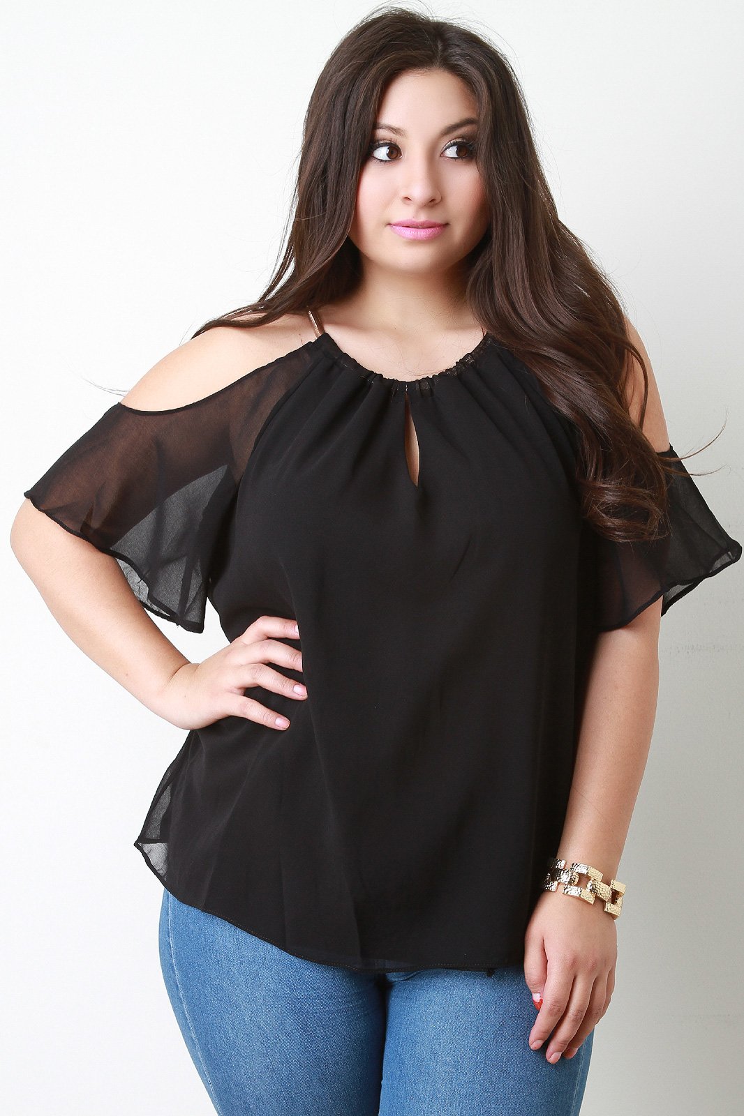 Cold Shoulder Chiffon Necklace Neckline Top