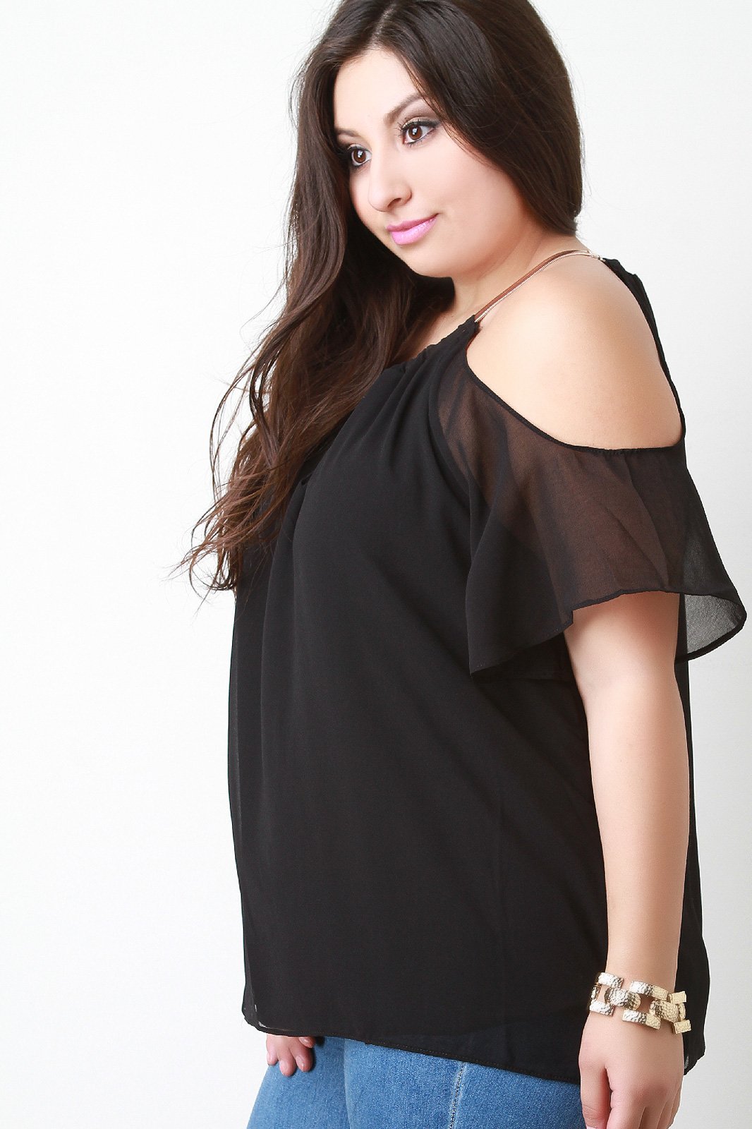 Cold Shoulder Chiffon Necklace Neckline Top