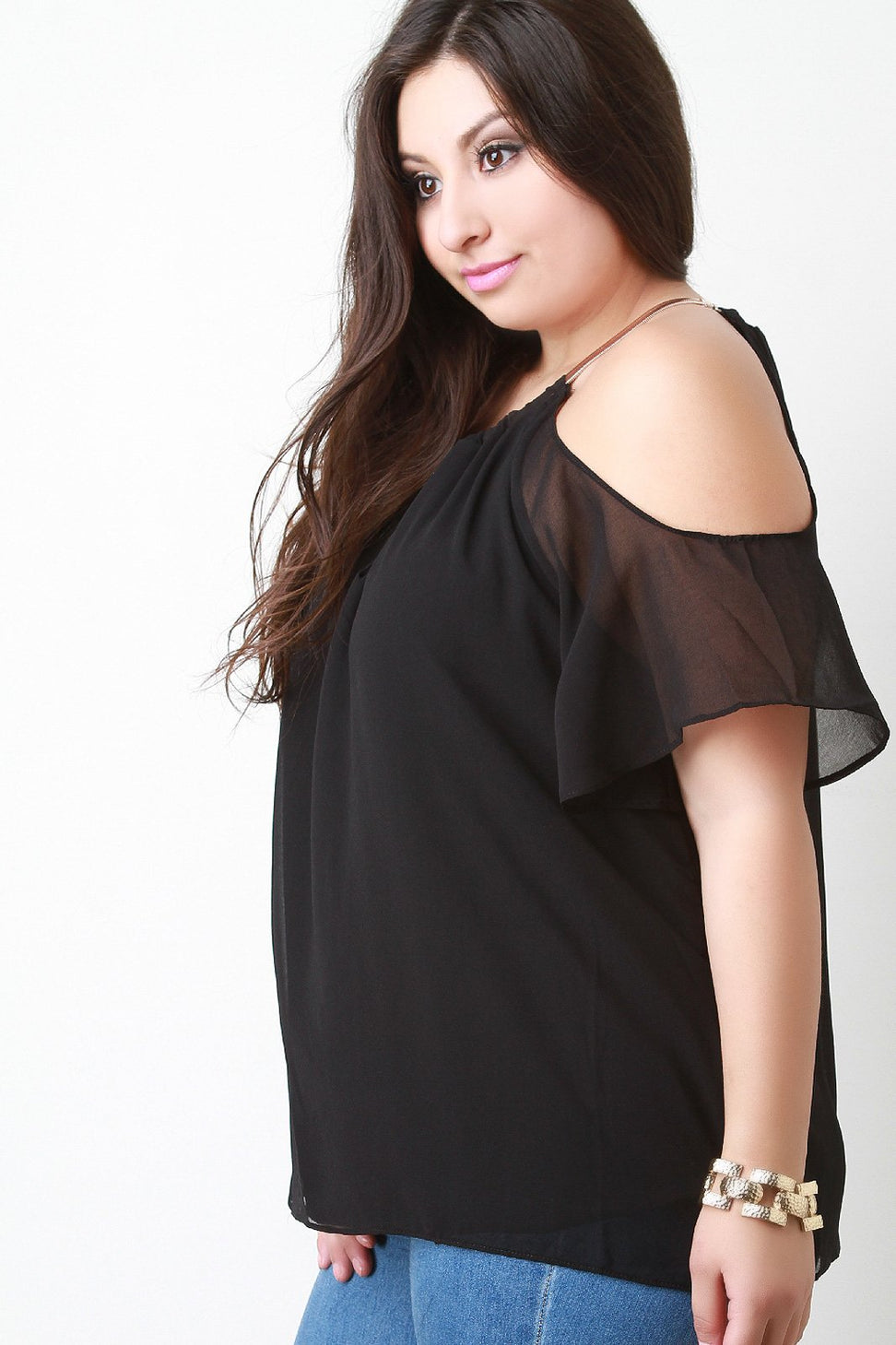 Cold Shoulder Chiffon Necklace Neckline Top