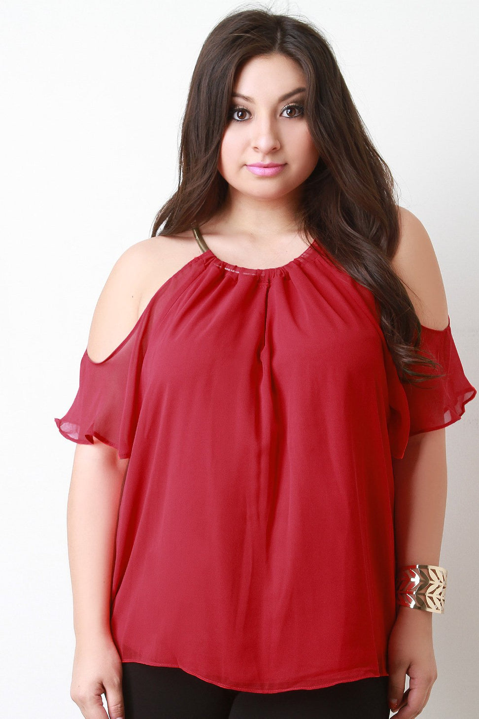 Cold Shoulder Chiffon Necklace Neckline Top