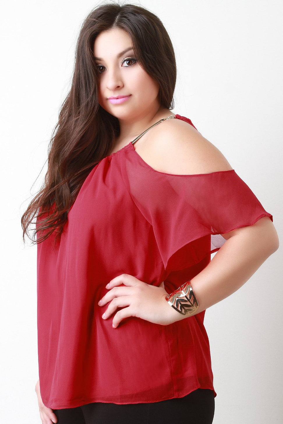 Cold Shoulder Chiffon Necklace Neckline Top