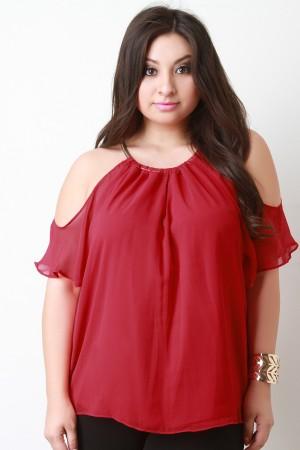 Cold Shoulder Chiffon Necklace Neckline Top