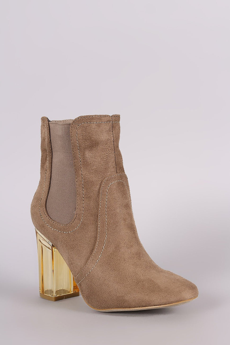 Suede Elastic Gore Chunky Clear Heeled Ankle Boots