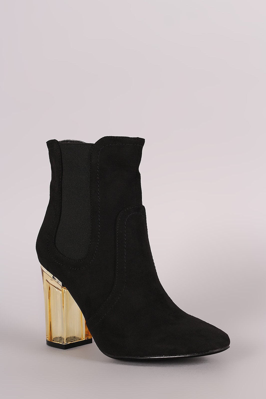 Suede Elastic Gore Chunky Clear Heeled Ankle Boots