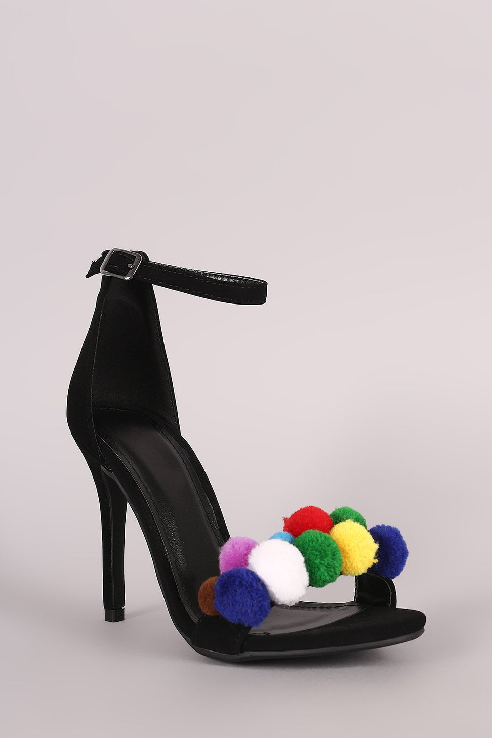 Shoe Republic LA Cluster Pom Pom Ankle Strap Heel