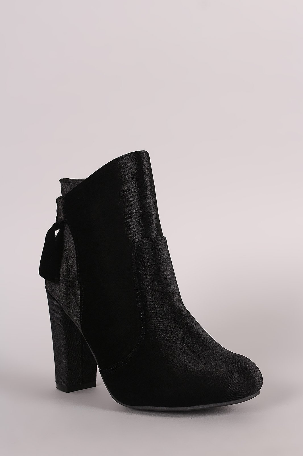 Bamboo Velvet Knotted-Tie Chunky Heeled Booties
