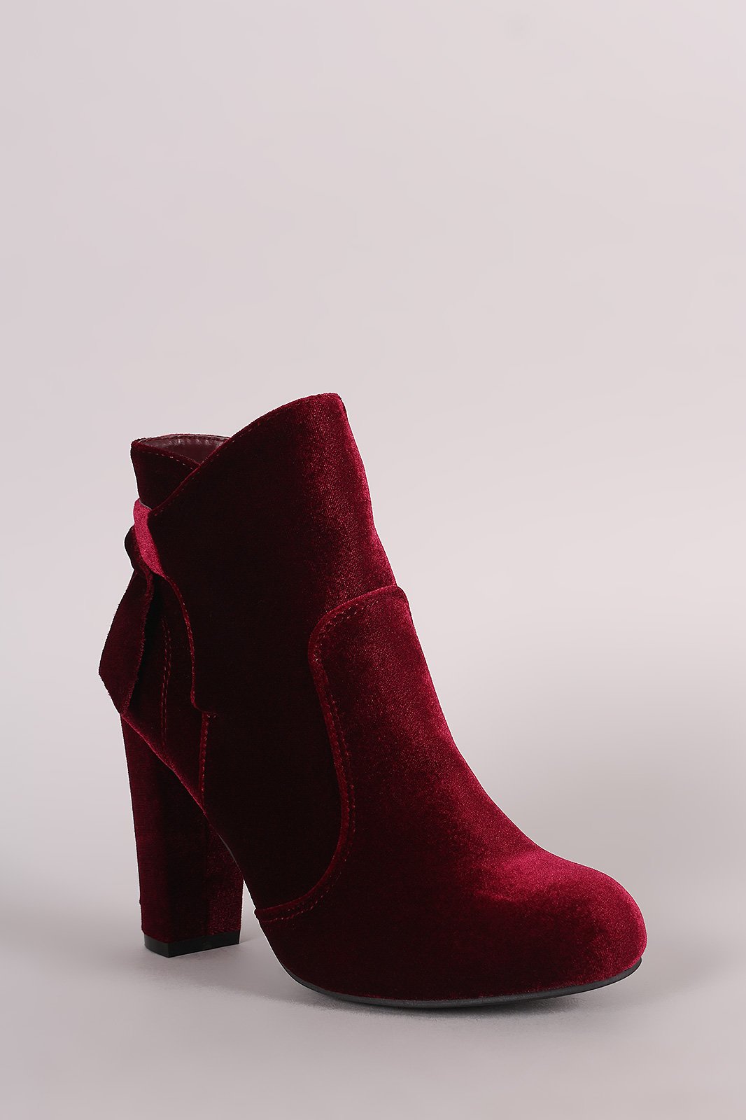 Bamboo Velvet Knotted-Tie Chunky Heeled Booties