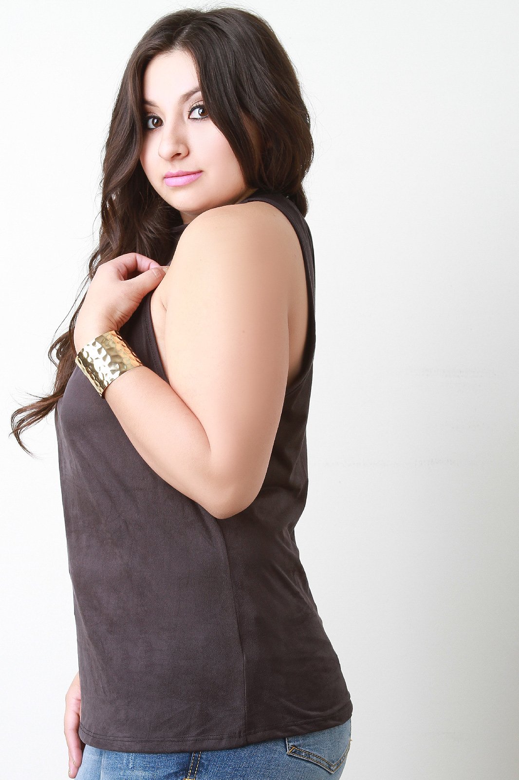 Suede Ruched Mock Neck Sleeveless Top