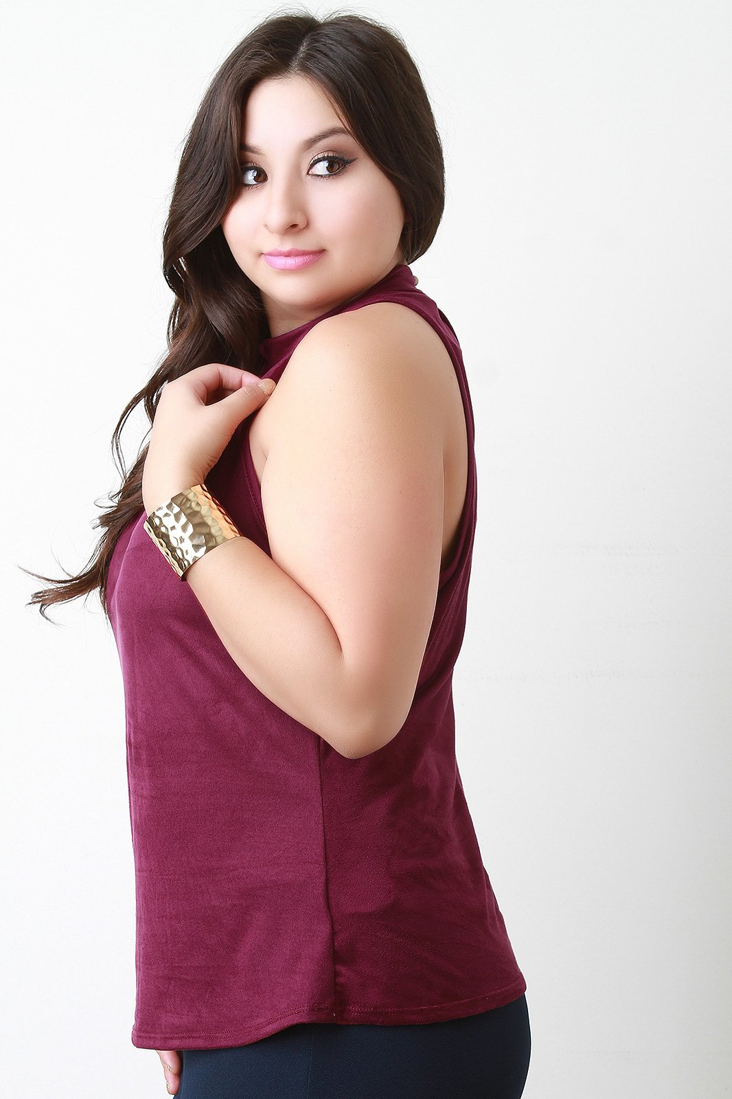 Suede Ruched Mock Neck Sleeveless Top