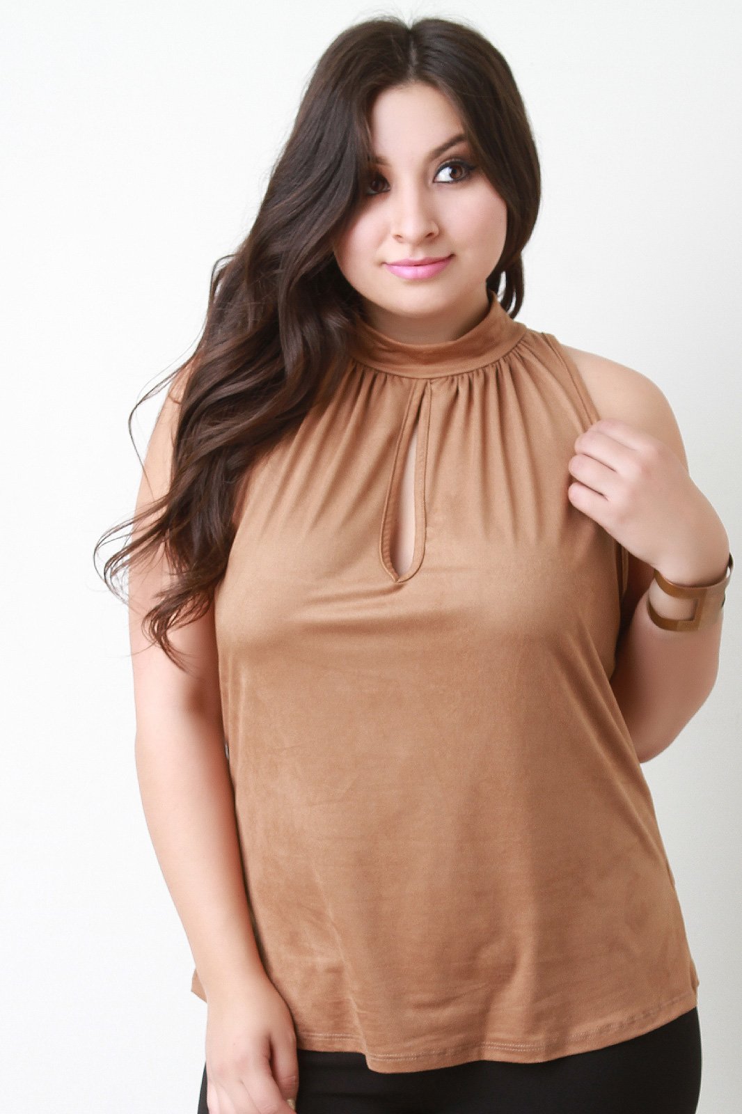 Suede Ruched Mock Neck Sleeveless Top