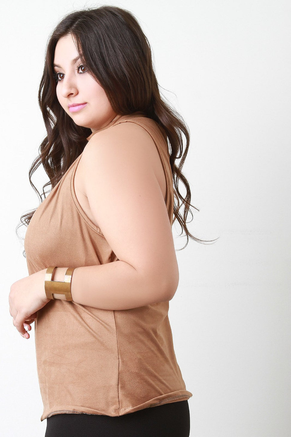 Suede Ruched Mock Neck Sleeveless Top