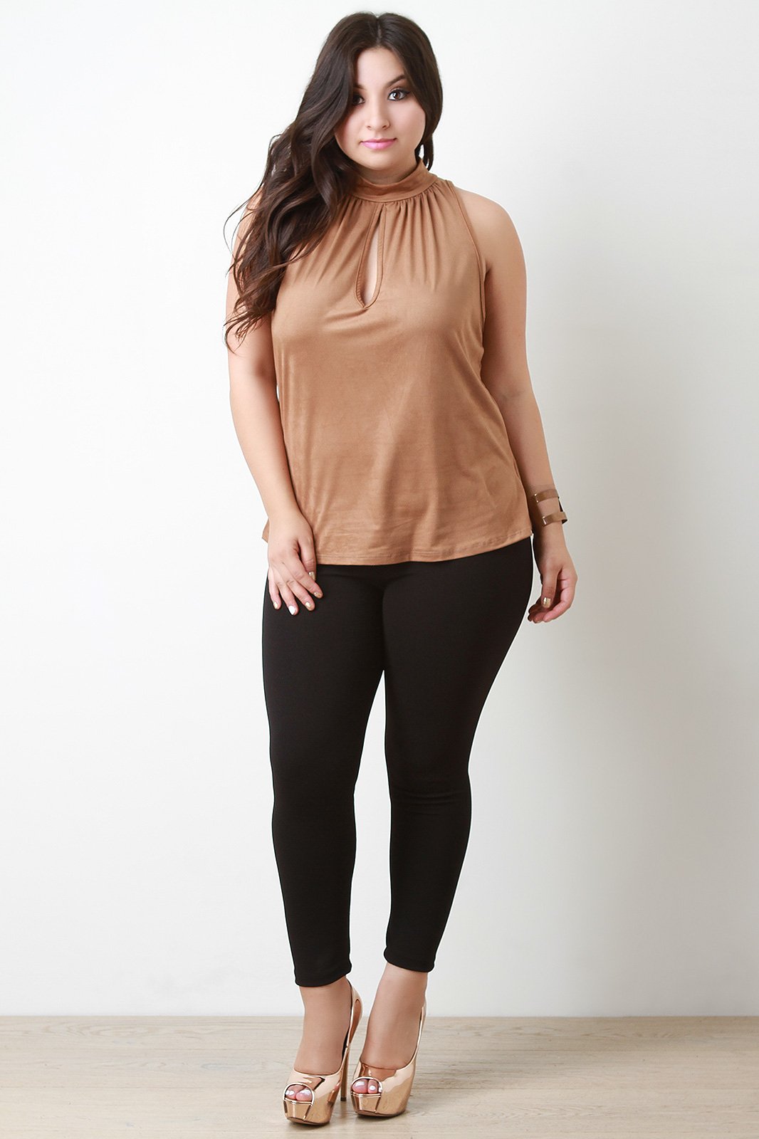 Suede Ruched Mock Neck Sleeveless Top