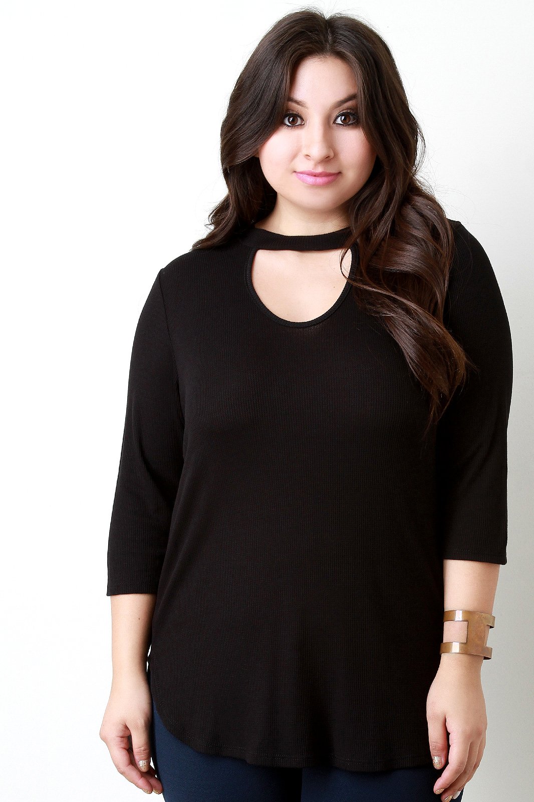 Three Quarter Sleeve Keyhole Neckline Thermal Top
