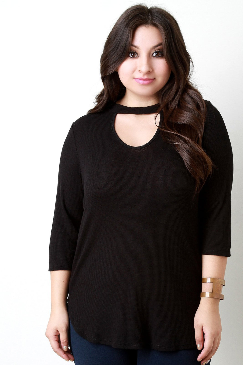 Three Quarter Sleeve Keyhole Neckline Thermal Top