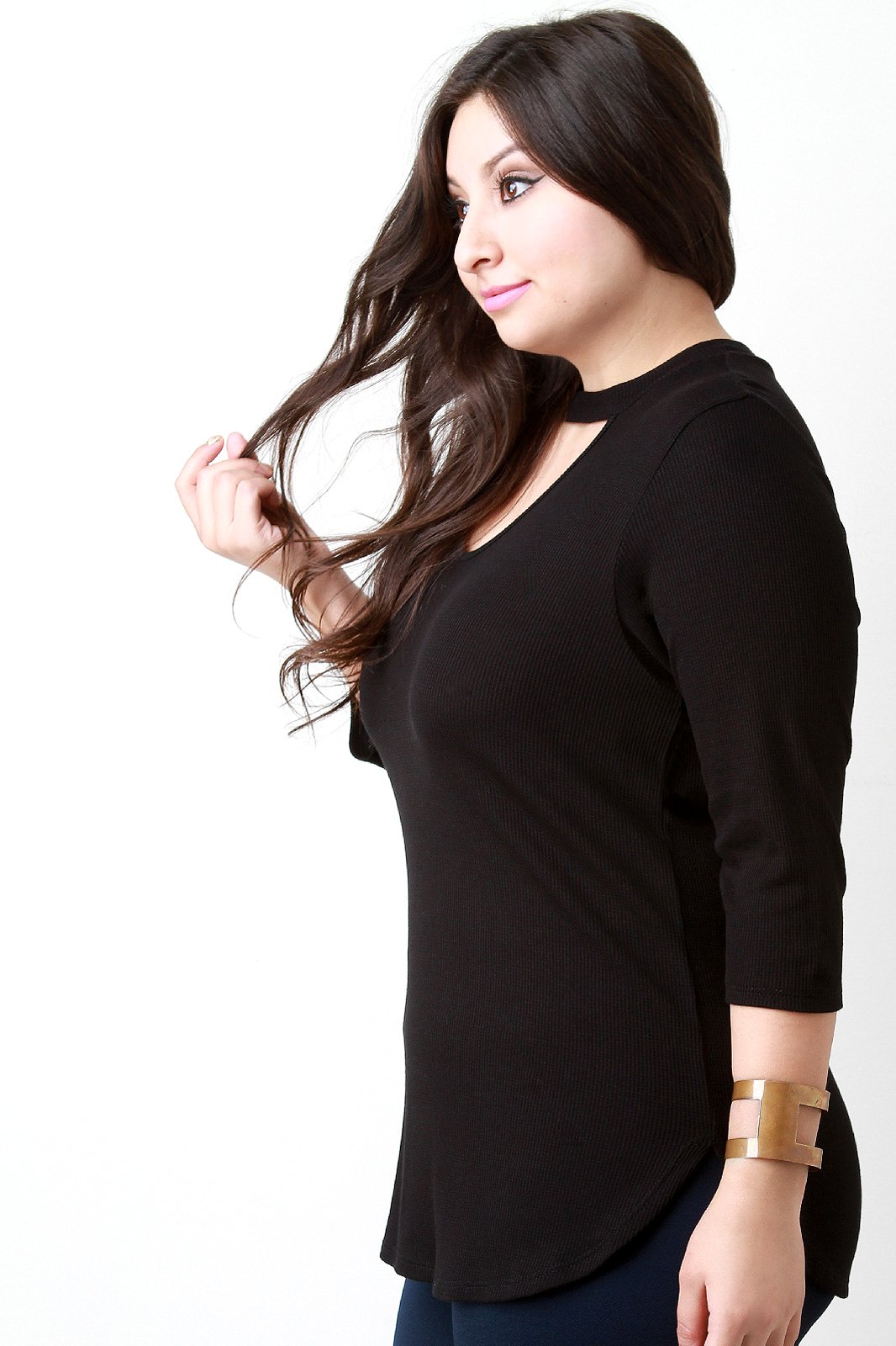 Three Quarter Sleeve Keyhole Neckline Thermal Top