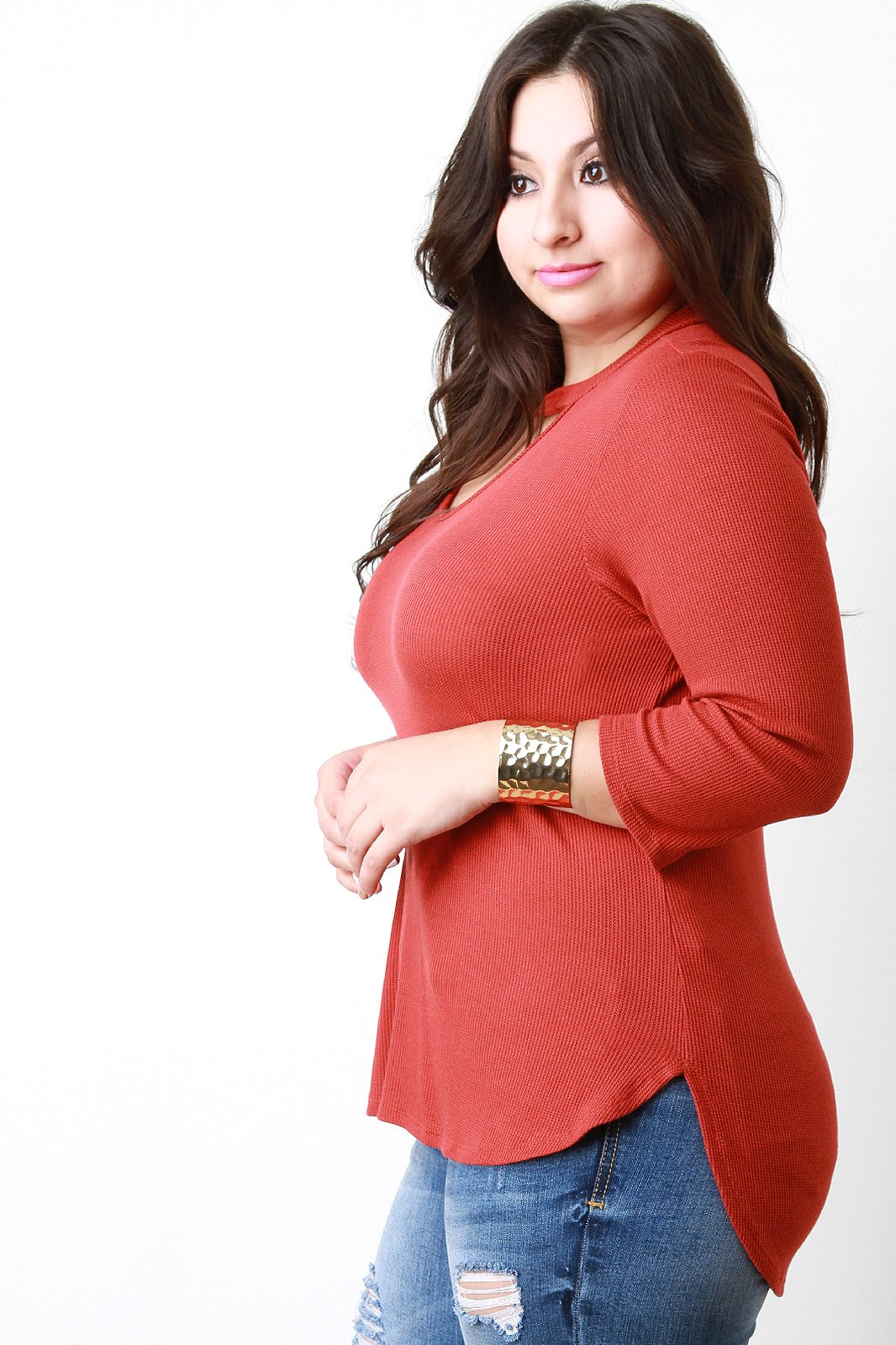 Three Quarter Sleeve Keyhole Neckline Thermal Top