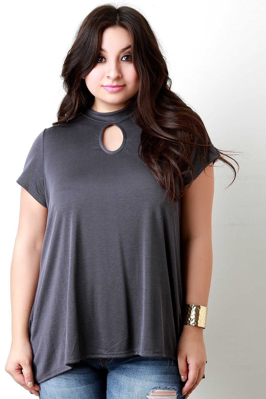 Mock Neck Keyhole Flowing Hem Tee - NoveltyOne