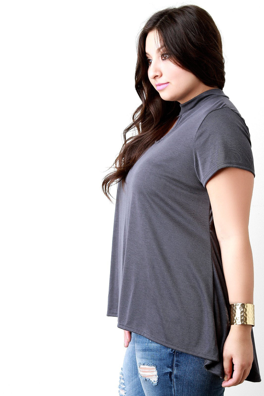 Mock Neck Keyhole Flowing Hem Tee - NoveltyOne