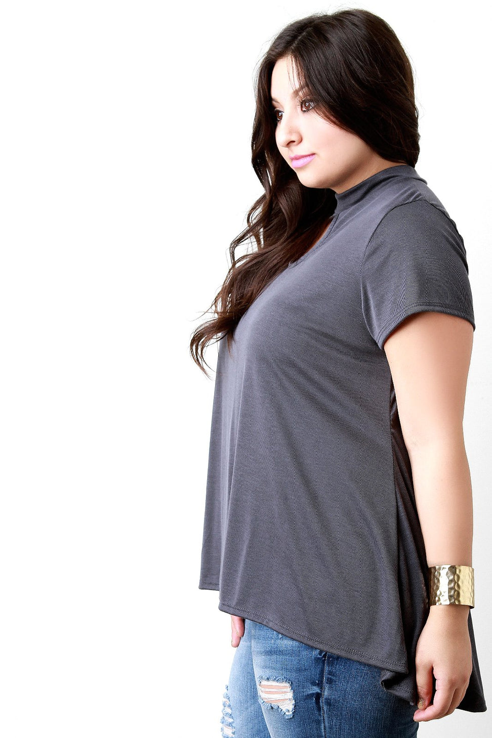 Mock Neck Keyhole Flowing Hem Tee - NoveltyOne